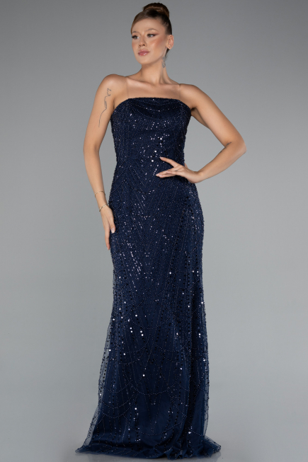 Long Navy Blue Beaded Evening Dress ABU5141