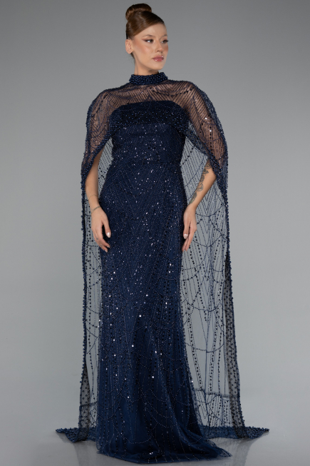 Long Navy Blue Beaded Evening Dress ABU5141