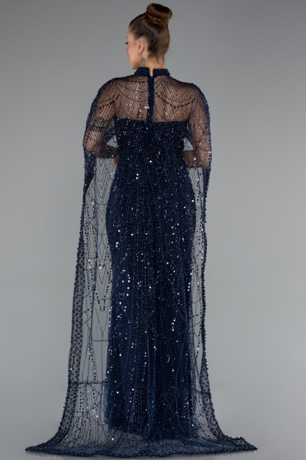 Long Navy Blue Beaded Evening Dress ABU5141