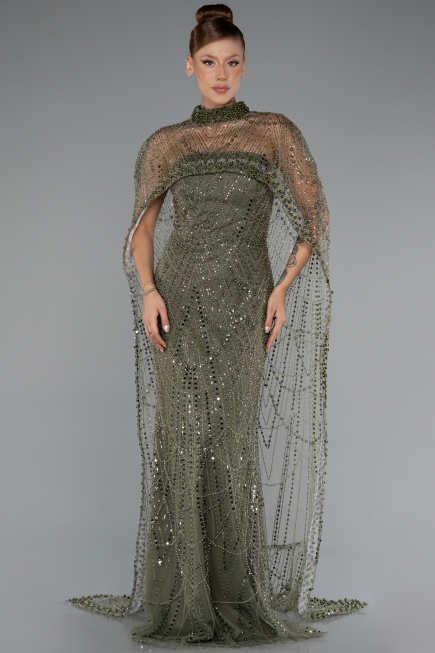 Long Olive Drab Beaded Evening Dress ABU5141