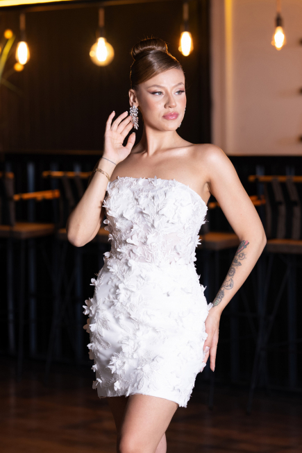 White 3D Floral Lace Detachable Sleeves Mini Wedding Dress ABG130