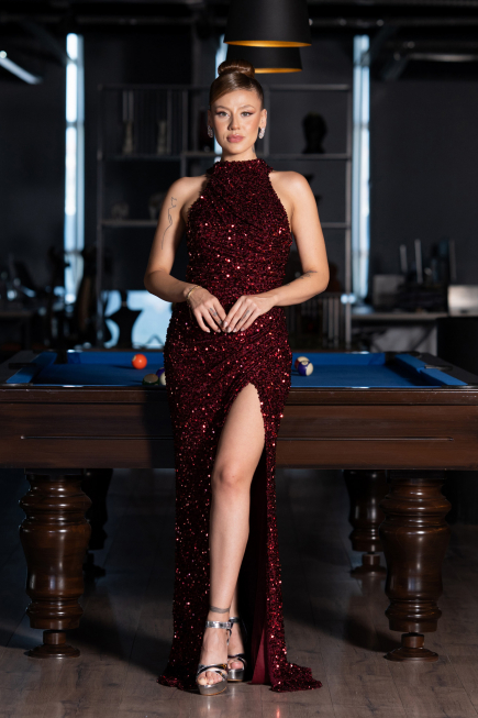 Long Burgundy Scaly Evening Dress ABU5135
