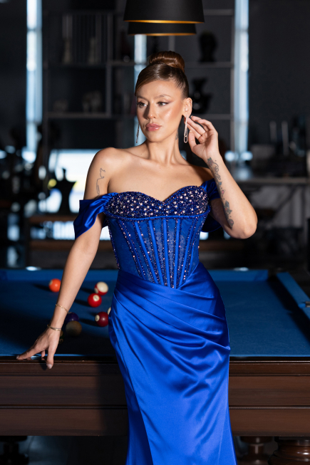 Long Sax Blue Satin Evening Dress ABU5130