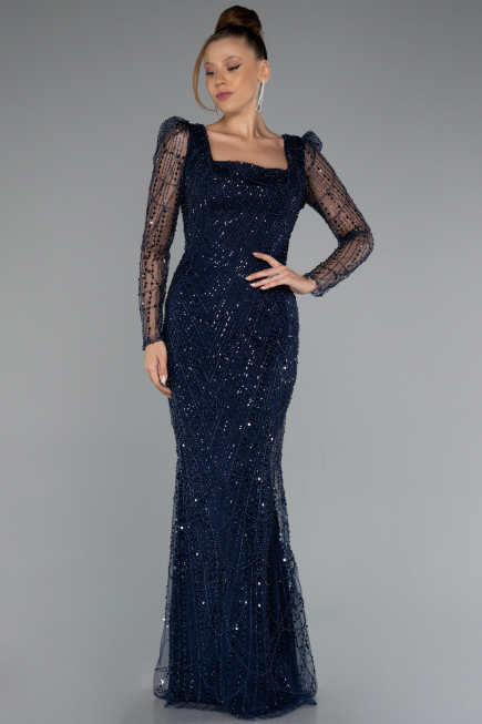 Navy Blue Long Sleeve Square Neckline Beaded Portable Tails Evening Gown ABU4603