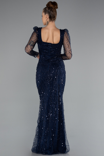 Navy Blue Long Sleeve Square Neckline Beaded Portable Tails Evening Gown ABU4603