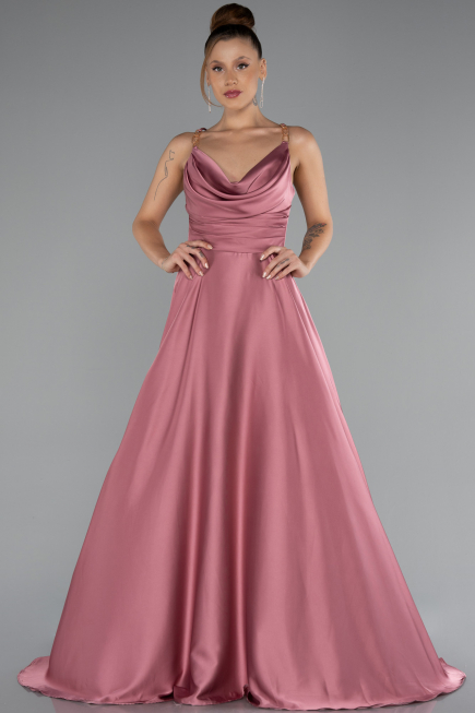 Long Rose Colored Satin Prom Gown ABU5146
