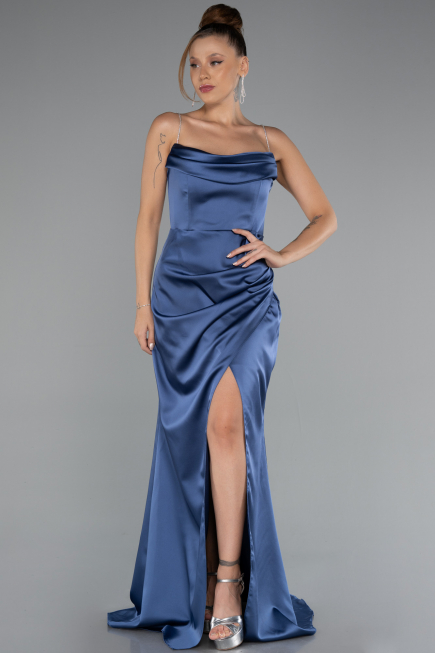 Long Indigo Satin Mermaid Evening Gown ABU5149