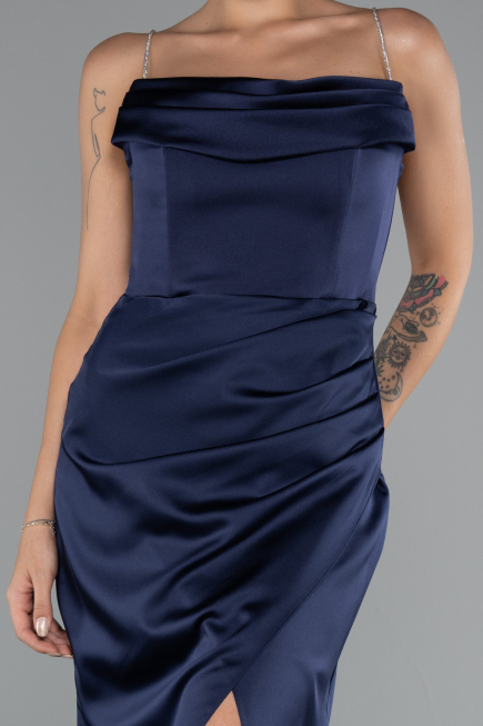 Long Navy Blue Satin Mermaid Evening Gown ABU5149