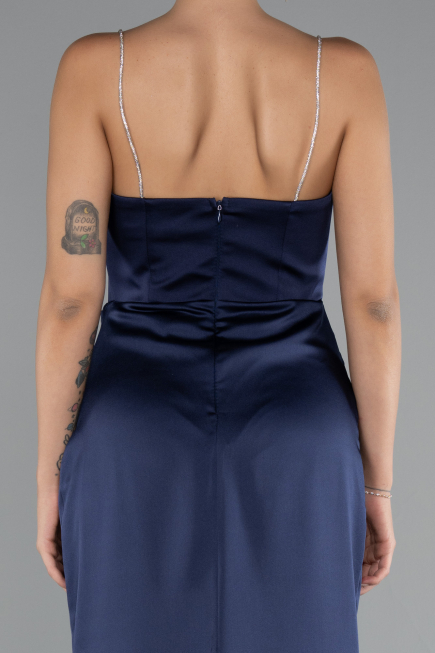 Long Navy Blue Satin Mermaid Evening Gown ABU5149