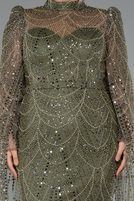 Long Olive Drab Beaded Evening Dress ABU5152