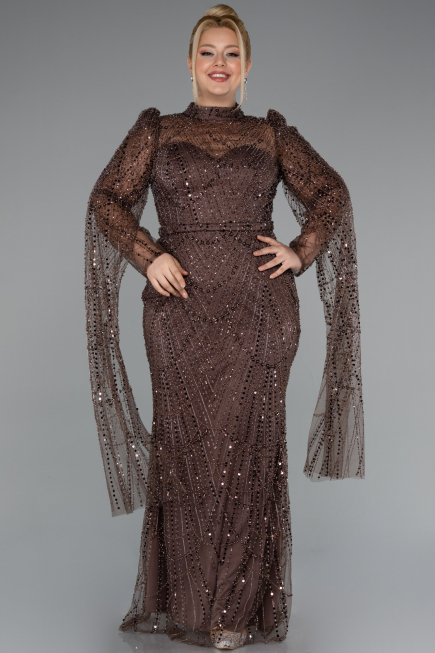 Long Brown Beaded Plus Size Engagement Dress ABU5153