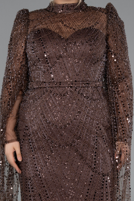 Long Brown Beaded Plus Size Engagement Dress ABU5153