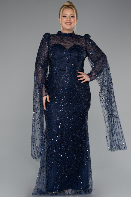 Long Navy Blue Beaded Evening Dress ABU5152