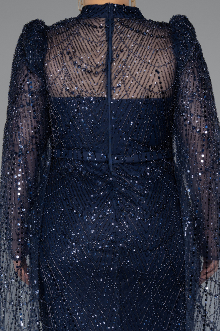 Long Navy Blue Beaded Evening Dress ABU5152