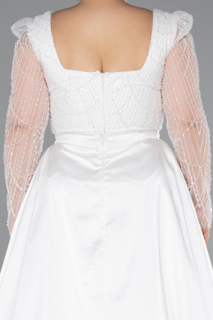White Long Beaded Plus Size Engagement Dress ABU4761