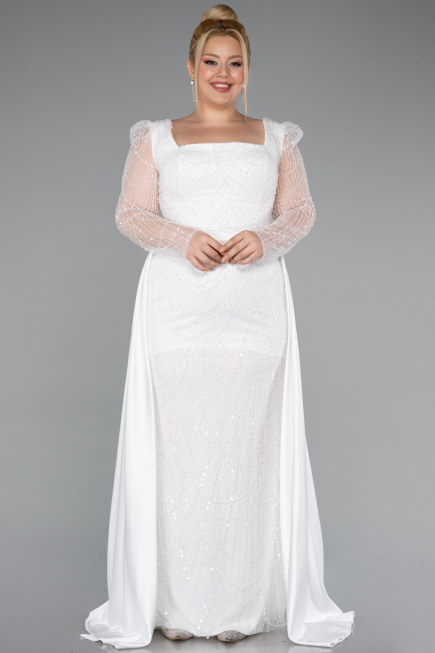White Long Beaded Plus Size Engagement Dress ABU4761