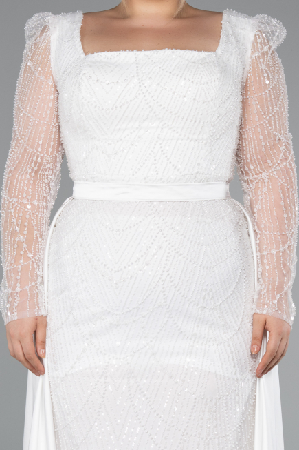 White Long Beaded Plus Size Engagement Dress ABU4761