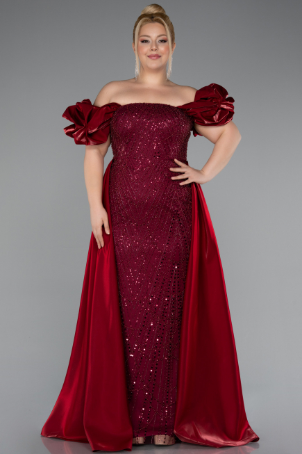 Long Burgundy Beaded Plus Size Evening Dress ABU5155