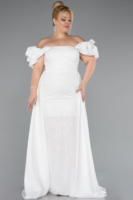 Long White Beaded Plus Size Evening Dress ABU5155