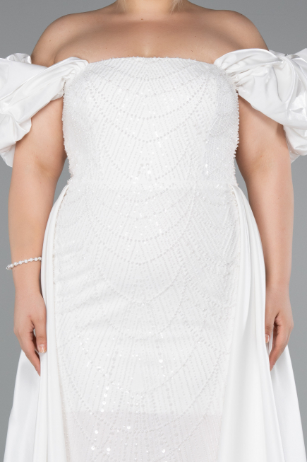 Long White Beaded Plus Size Evening Dress ABU5155