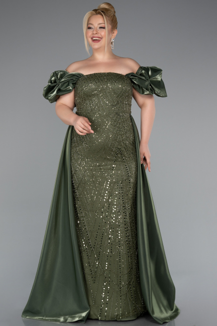 Long Olive Drab Beaded Plus Size Evening Dress ABU5155