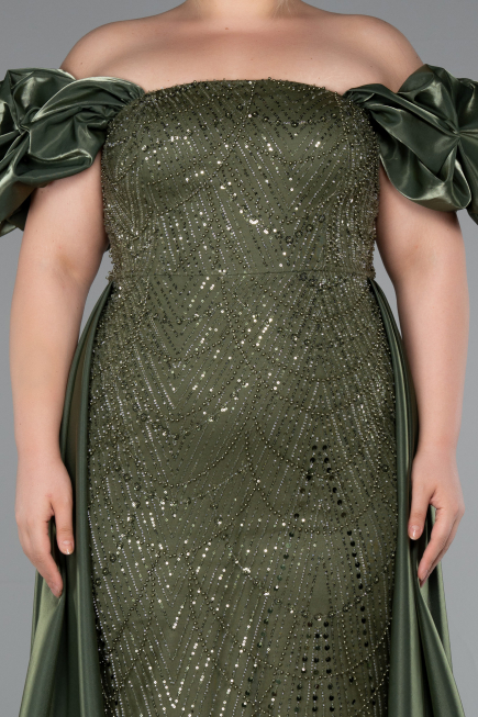 Long Olive Drab Beaded Plus Size Evening Dress ABU5155