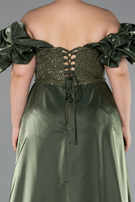 Long Olive Drab Beaded Plus Size Evening Dress ABU5155