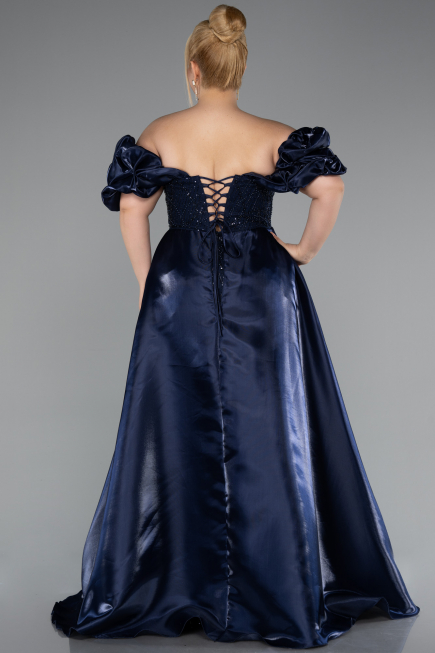 Long Navy Blue Beaded Plus Size Evening Dress ABU5155