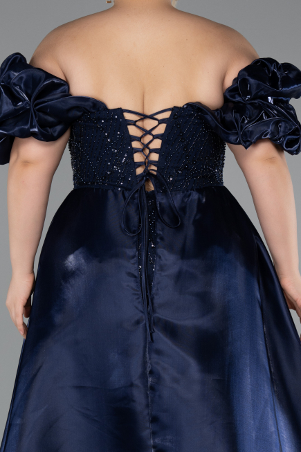 Long Navy Blue Beaded Plus Size Evening Dress ABU5155
