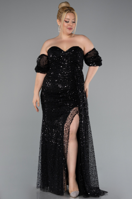 Long Black Scaly Plus Size Evening Gown ABU5077