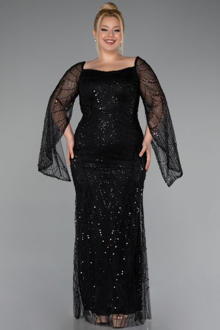 Long Black Beaded Plus Size Evening Gown ABU5067