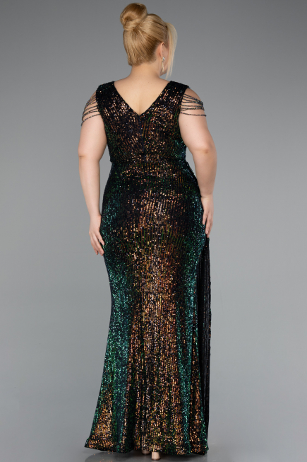 Rins V Neck Long Sequined Slit Plus Size Evening Dress ABU4886