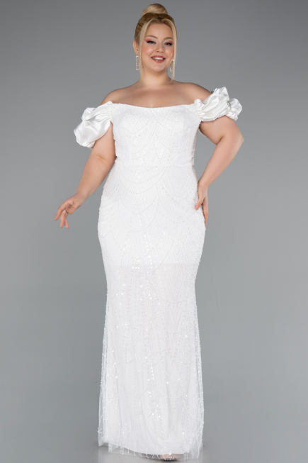 White Long Beaded Plus Size Engagement Dress ABU4788