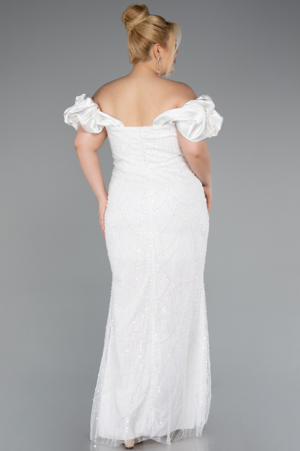 White Long Beaded Plus Size Engagement Dress ABU4788