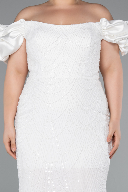 White Long Beaded Plus Size Engagement Dress ABU4788