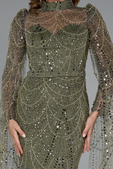 Long Olive Drab Beaded Evening Dress ABU5152