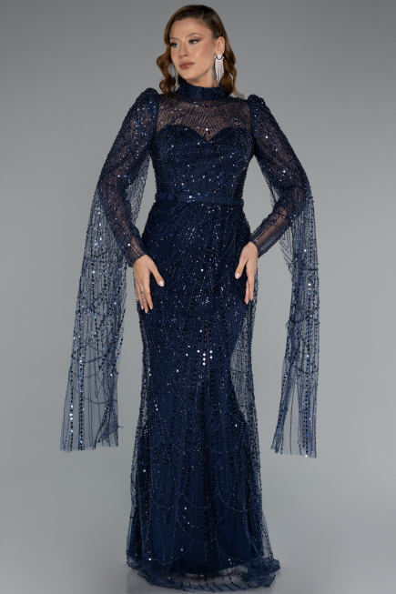 Long Navy Blue Beaded Evening Dress ABU5152
