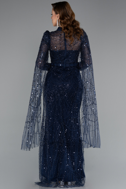 Long Navy Blue Beaded Evening Dress ABU5152