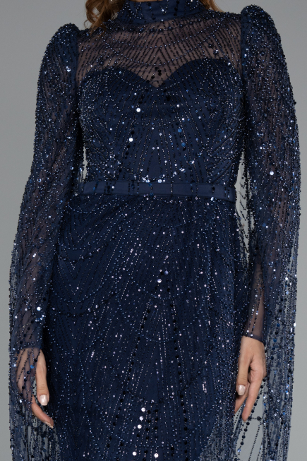 Long Navy Blue Beaded Evening Dress ABU5152