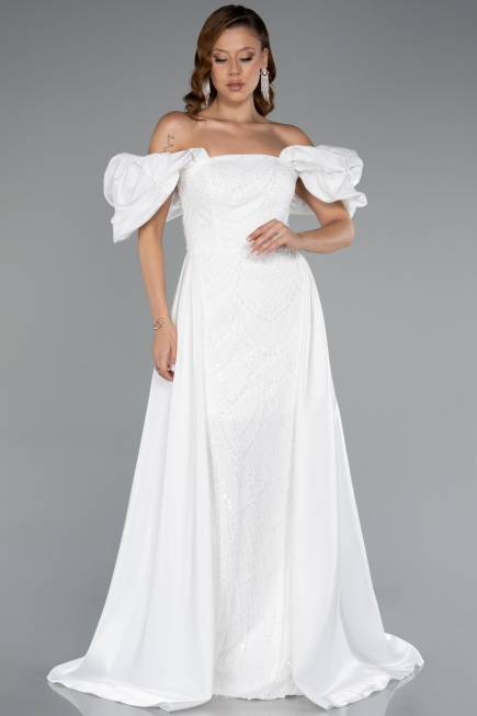 Long White Beaded Evening Dress ABU5154