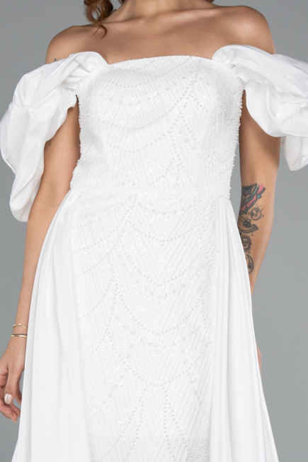 Long White Beaded Evening Dress ABU5154