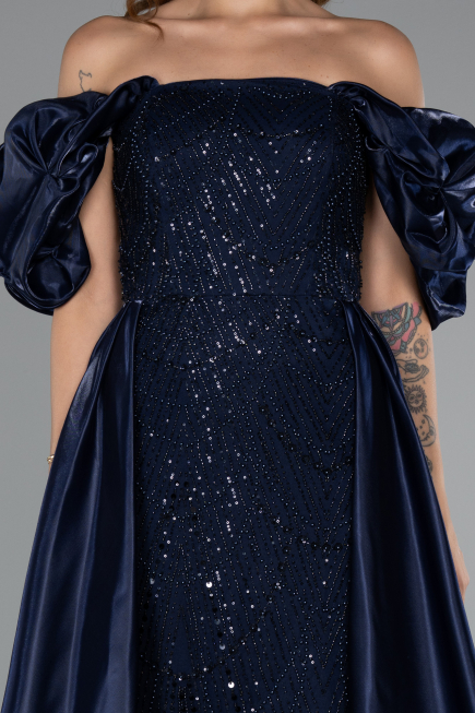 Long Navy Blue Beaded Evening Dress ABU5154