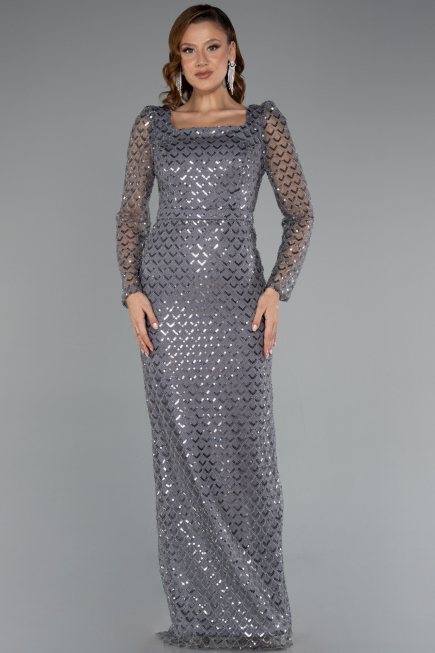 Long Grey Beaded Evening Dress ABU5165