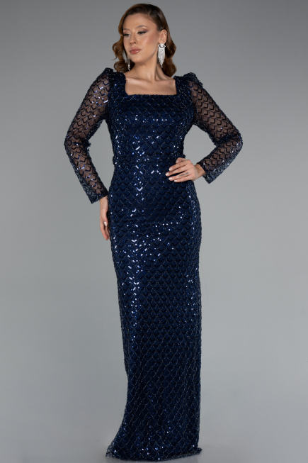 Long Navy Blue Beaded Evening Dress ABU5165