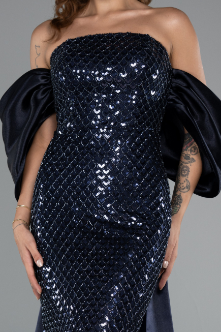 Long Navy Blue Beaded Evening Dress ABU5169