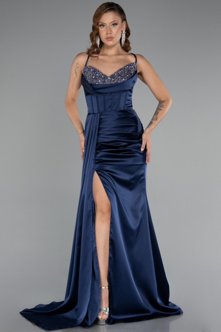 Long Navy Blue Satin Prom Gown ABU5171