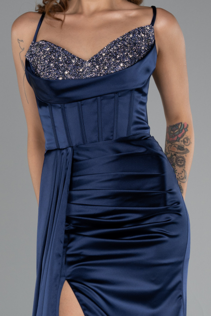 Long Navy Blue Satin Prom Gown ABU5171