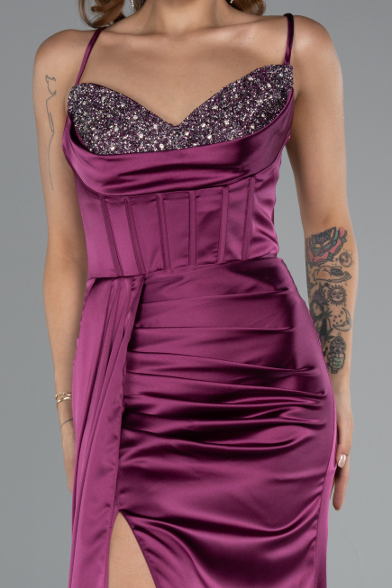 Long Plum Satin Prom Gown ABU5171