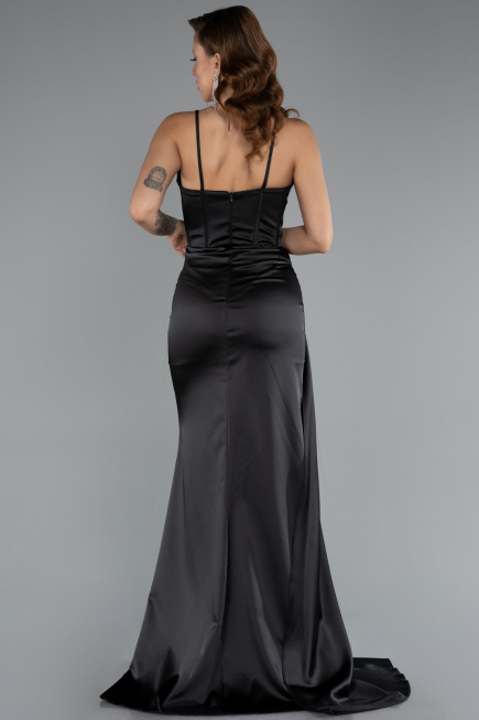 Long Black Satin Prom Gown ABU5171