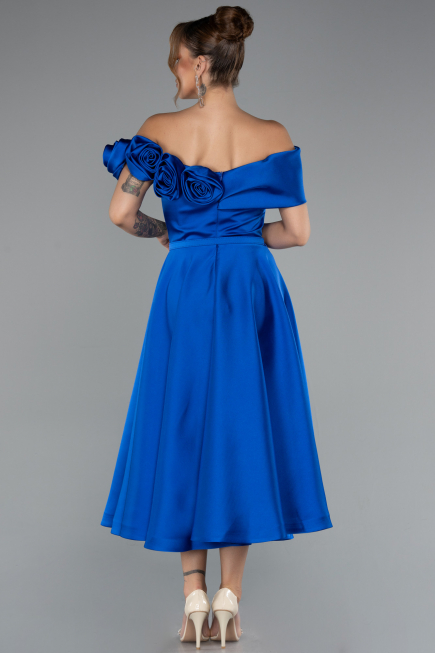 Midi Sax Blue Satin Party Dress ABK2410